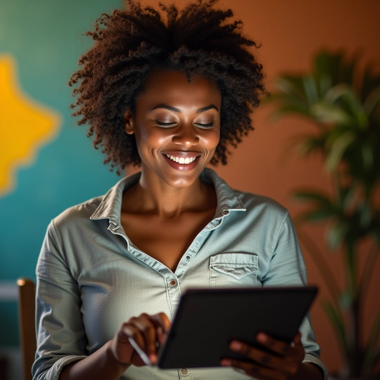 Mulher usando tablet com pop-up de atualização de software.