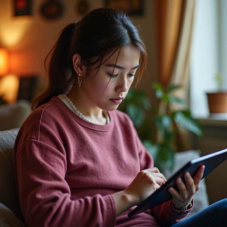 Mulher usando tecnologia assistiva para auxiliar na leitura.