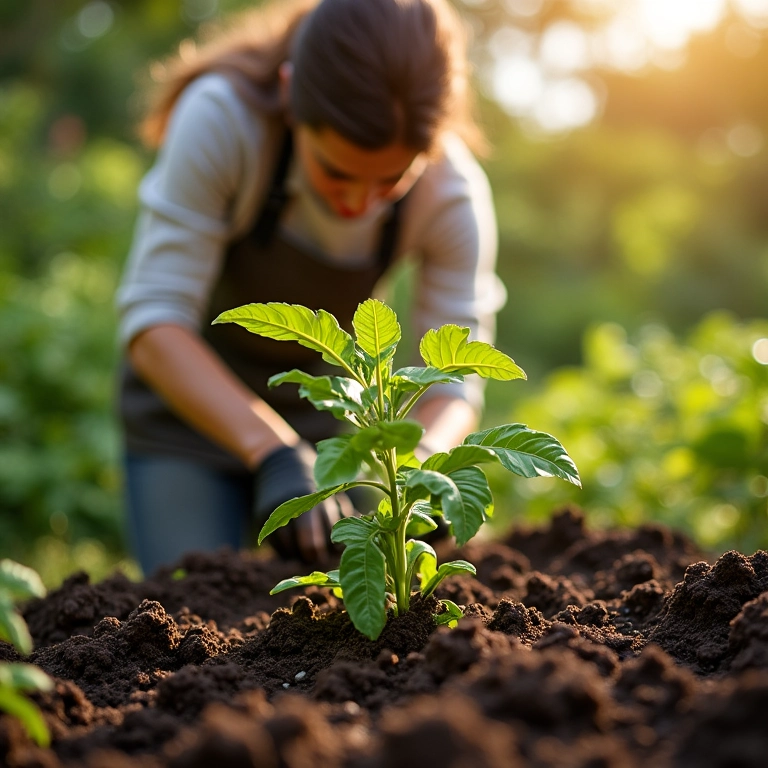Mulher usando terra vegetal adubada da Terra Viva no jardim.
