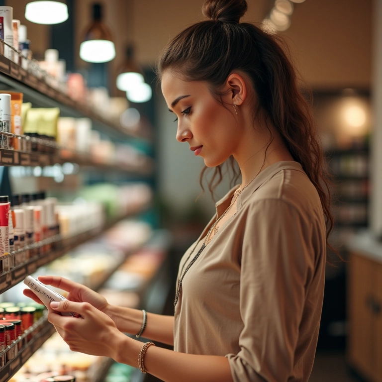 Mulher vegana escolhendo cosméticos cruelty-free em loja.