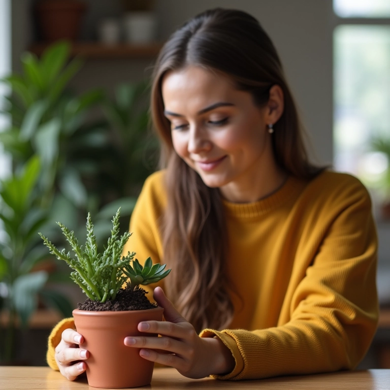 Mulher verificando a umidade do solo da suculenta.