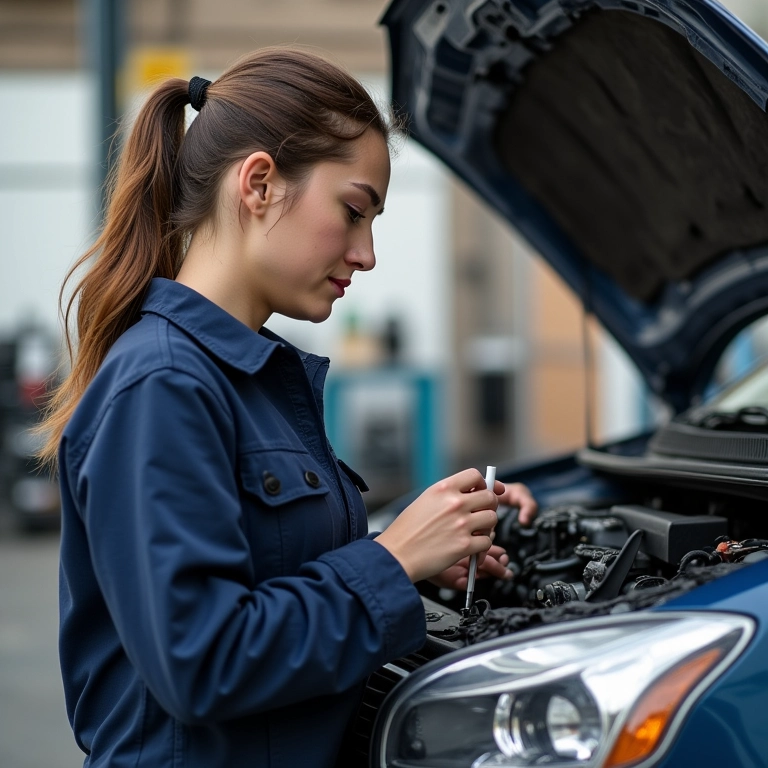 Mulher verificando o nível de óleo do carro.