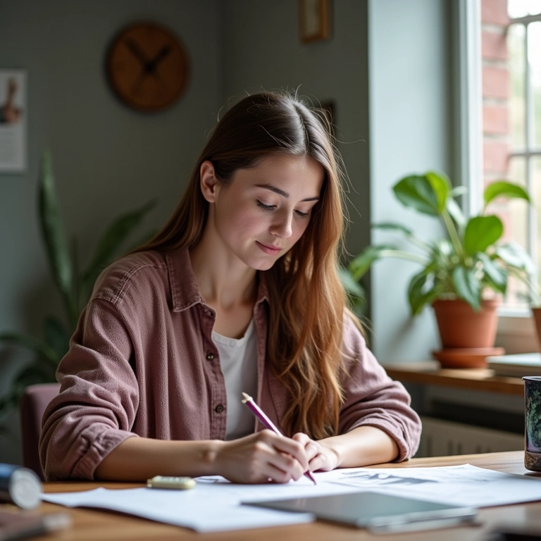 Mulher voluntariando suas habilidades em design gráfico para ONG.