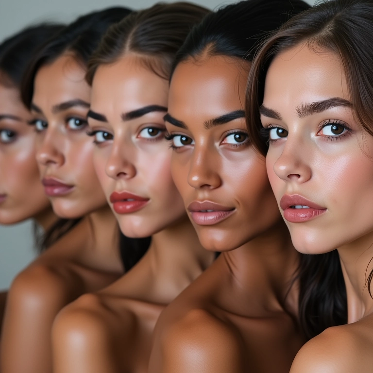 Mulheres com diferentes formatos de rosto exibindo sobrancelhas finas.