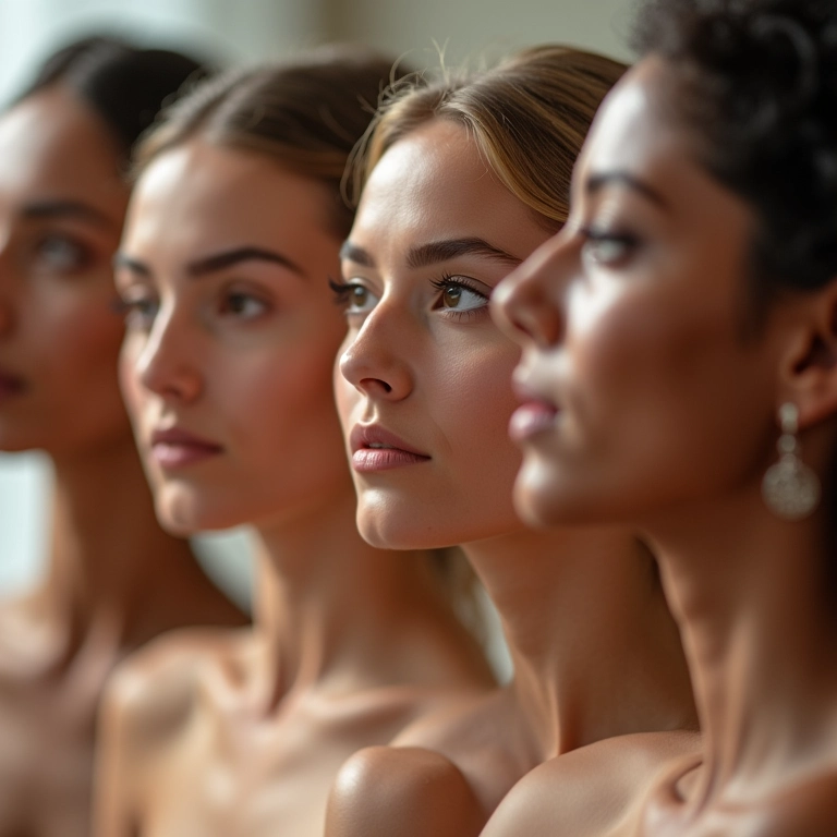 Mulheres diversas aplicando cosméticos veganos em estúdio iluminado.