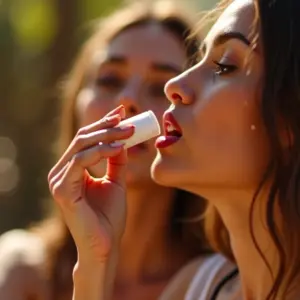 Mulheres diversas aplicando protetor solar labial ao ar livre.