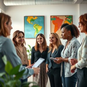 Mulheres diversas colaborando em espaço de coworking vibrante.