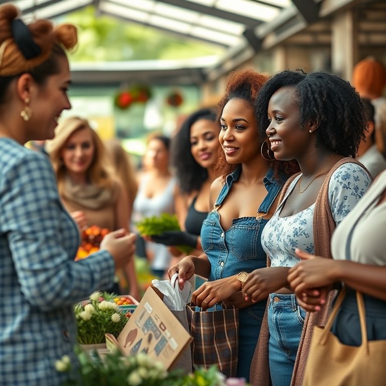 Mulheres diversas comprando em mercado, apoiando negócios femininos.
