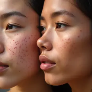 Mulheres diversas mostrando resultados de tratamento para manchas de acne.