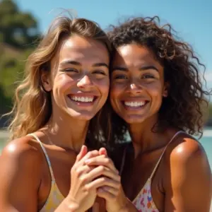 Mulheres diversas sorrindo, pele radiante, juntas sob o sol, representando proteção solar.