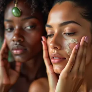 Mulheres diversas usando jade roller e gua sha para skincare facial.