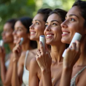 Mulheres diversas utilizando gadgets de skincare de alta tecnologia.