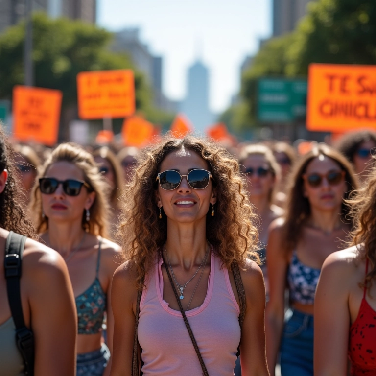 Mulheres marchando juntas por direitos iguais em uma manifestação de rua vibrante no Brasil, segurando cartazes e faixas.