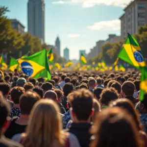 Multidão em protesto com bandeiras do Brasil defendendo o direito de greve.