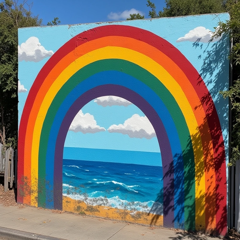Mural de arte de rua brasileiro com arco-íris como símbolo cultural.