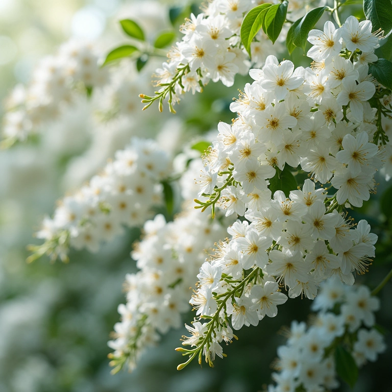 Mural de Jasmim-Estrela em cascata, flores abundantes e delicadas.