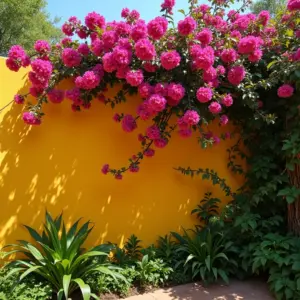 Muro coberto por trepadeiras floridas vibrantes, com diversas espécies e cores.
