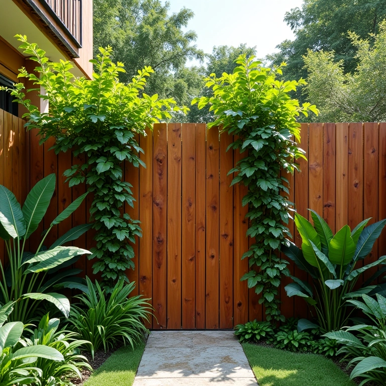 Muro de madeira alto com plantas trepadeiras em um quintal de casa geminada, criando um oásis particular.