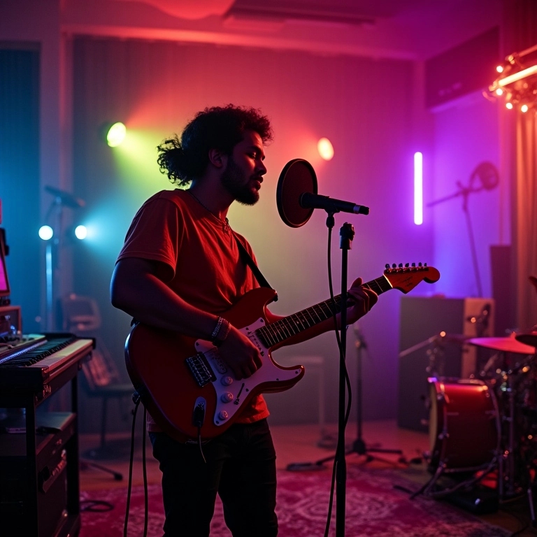 Músico brasileiro gravando videoclipe em estúdio colorido, usando equipamentos modernos.