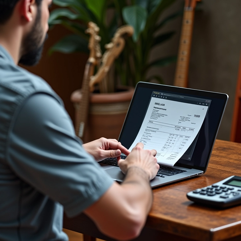 Músico revisando nota fiscal MEI no laptop.