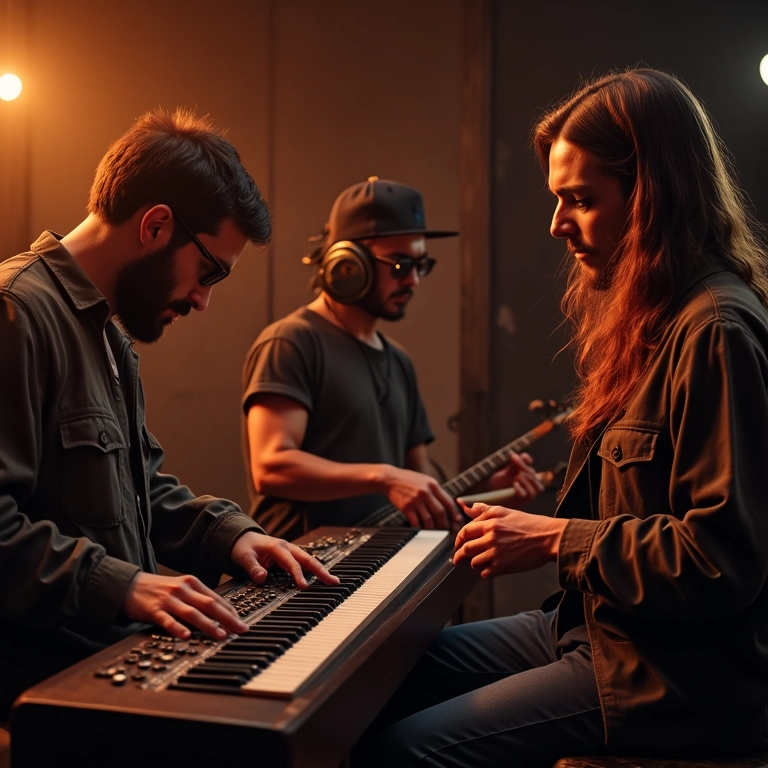 Músicos de diferentes países colaborando em estúdio.
