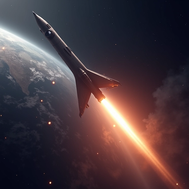 Nave espacial lançando-se ao espaço, escapando da gravidade da Terra.