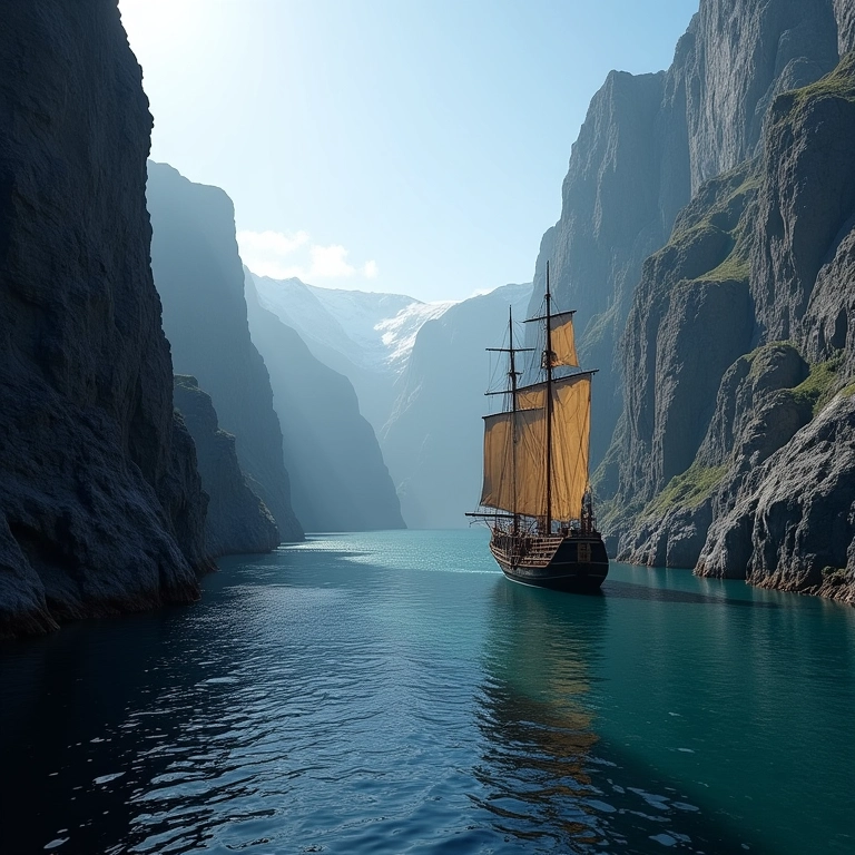 Navios de Magalhães navegando pelo Estreito de Magalhães.