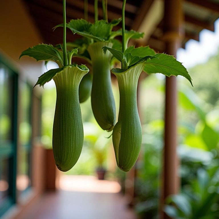 Nepenthes (Plantas Jarro Tropicais) penduradas em uma varanda brasileira.