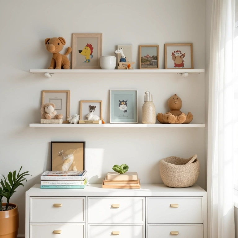 Nichos e prateleiras organizadas em quarto de bebê neutro.