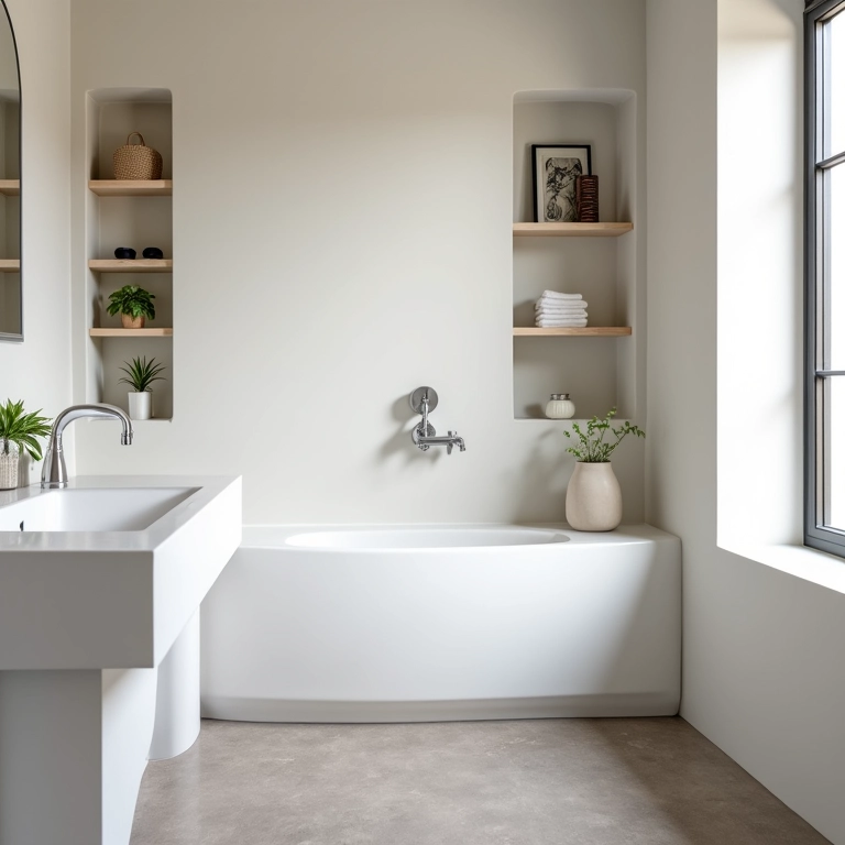 Nichos e prateleiras organizando e decorando o lavabo.