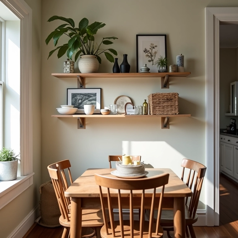 Nichos e prateleiras organizando sala de jantar pequena com estilo.