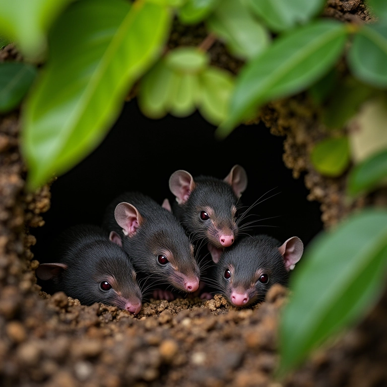 Ninho de musaranhos-pigmeus com filhotes recém-nascidos.