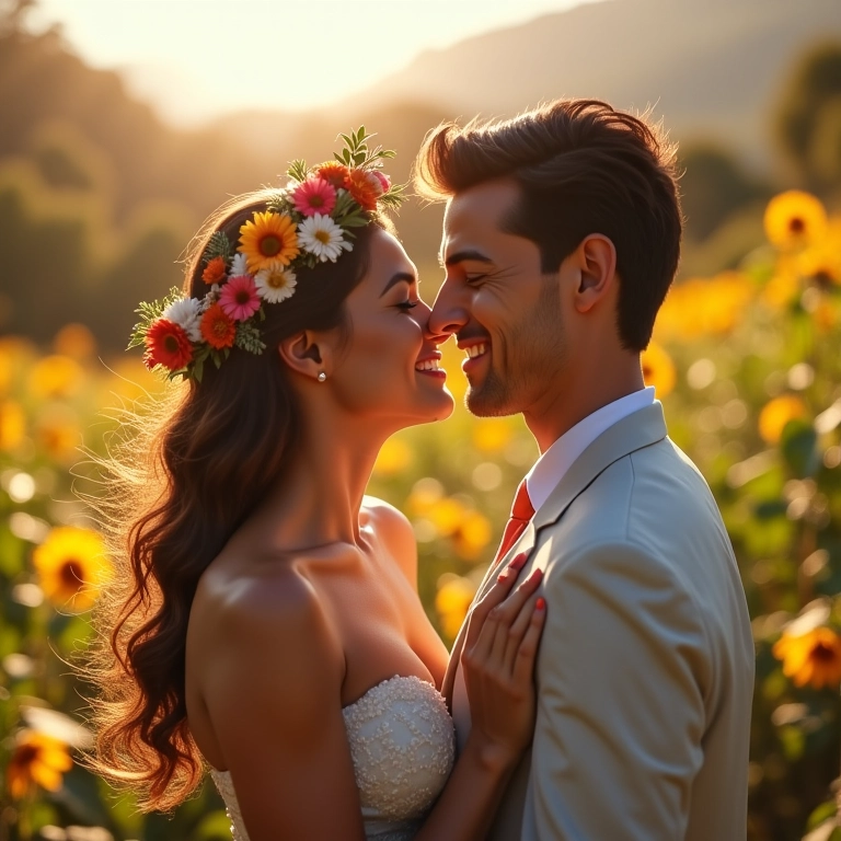 Noiva radiante com coroa de flores em casamento ao ar livre.
