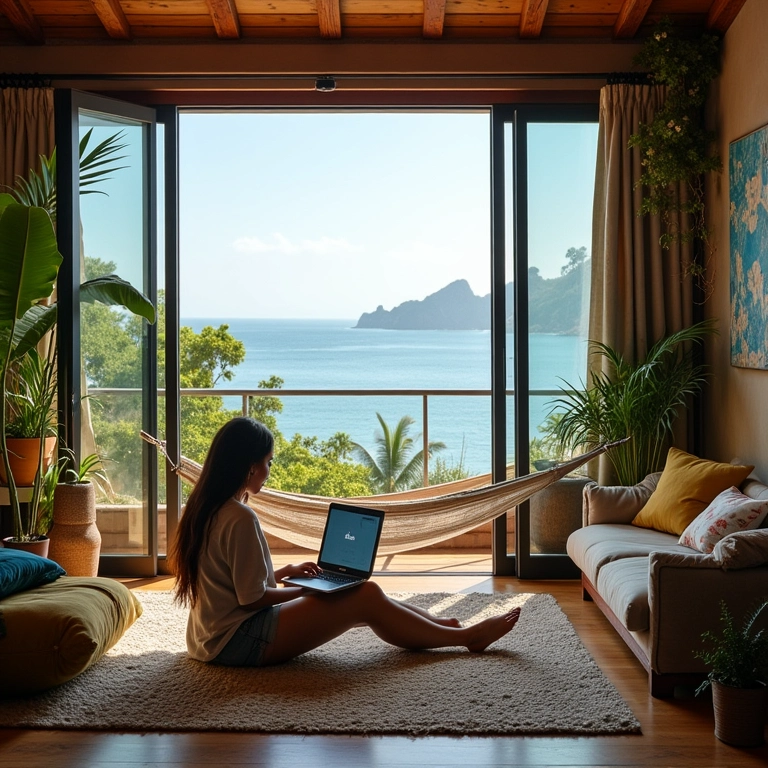 Nômade digital trabalhando em coliving estiloso com vista para o mar e decoração brasileira.