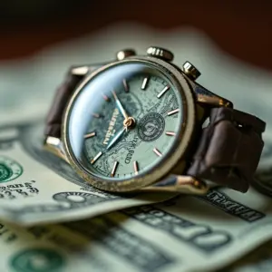 Nota de 100 Reais amassada sobre um relógio de luxo, representando o conceito de ágio.