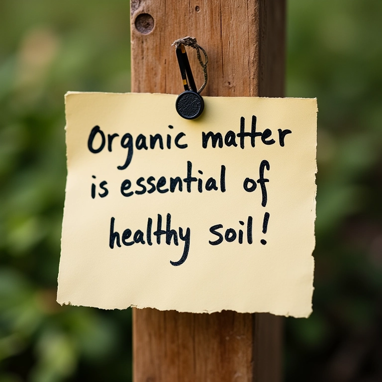 Nota lembrando: 'Matéria orgânica é essencial para um solo saudável!' fixada em um quadro de madeira.