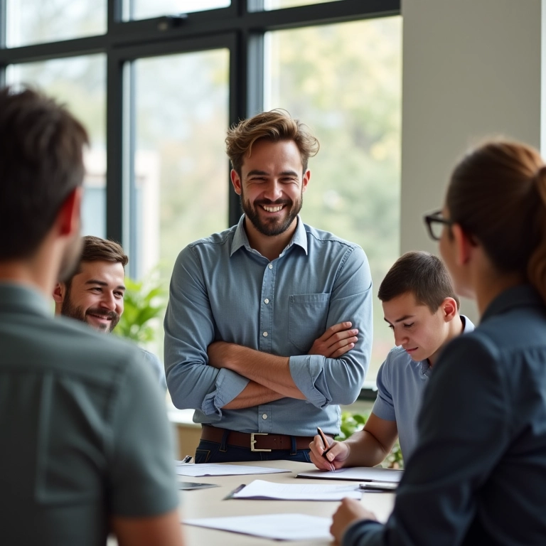 Novo colaborador engajado em sessão de brainstorming com a equipe.