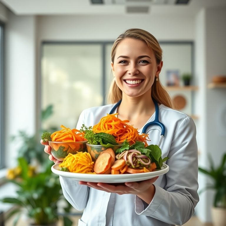 Nutricionista sorrindo com prato de cenoura ralada.