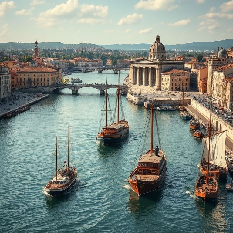 O rio Tibre como via de comércio e transporte na Roma Antiga.