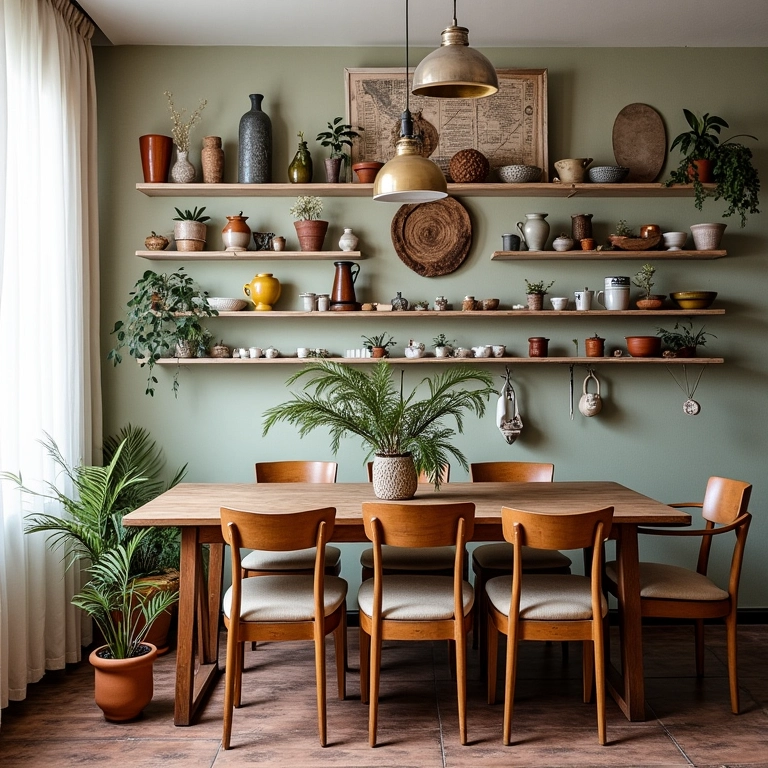 Objetos antigos reutilizados na decoração da sala de jantar.