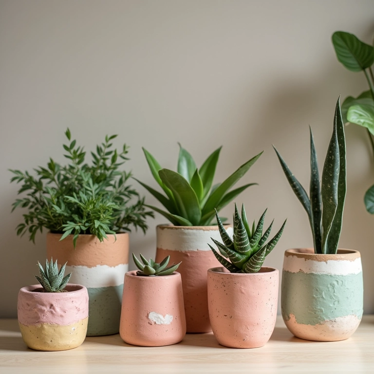 Objetos de decoração DIY (Faça Você Mesma): vasos pintados e artesanato.