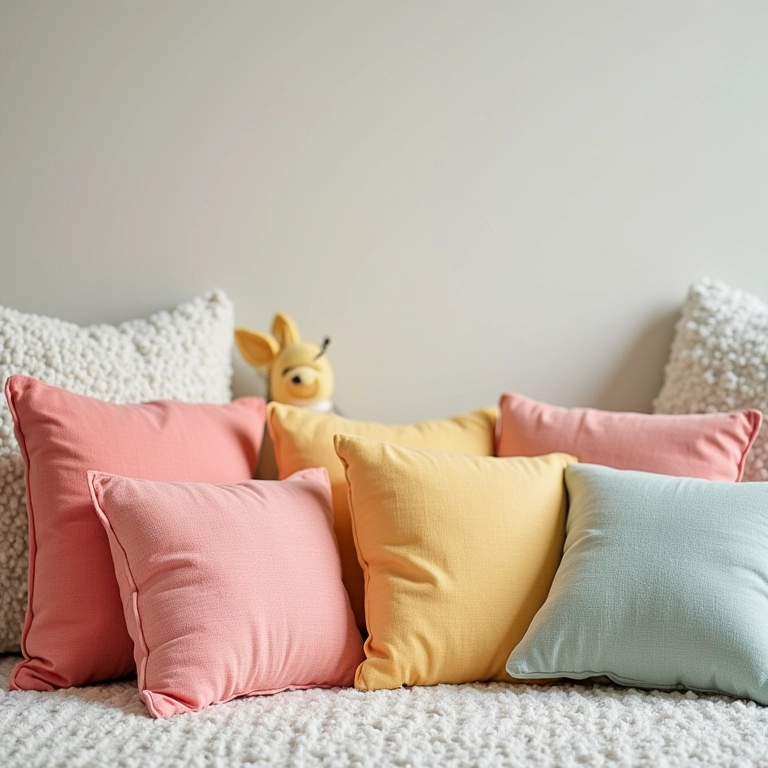 Objetos decorativos coloridos em quarto de bebê neutro.