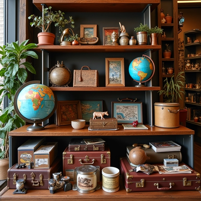 Objetos decorativos com temática de viagem em agência.