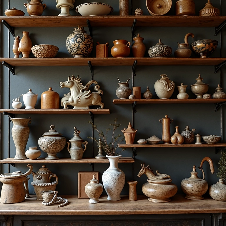 Objetos decorativos vintage expostos em prateleiras, mostrando detalhes e texturas únicas.