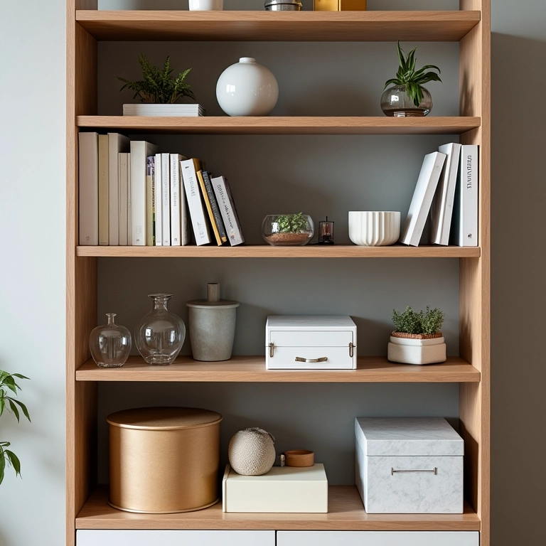 Objetos funcionais e decorativos: estante, caixas decorativas e espaço organizado.