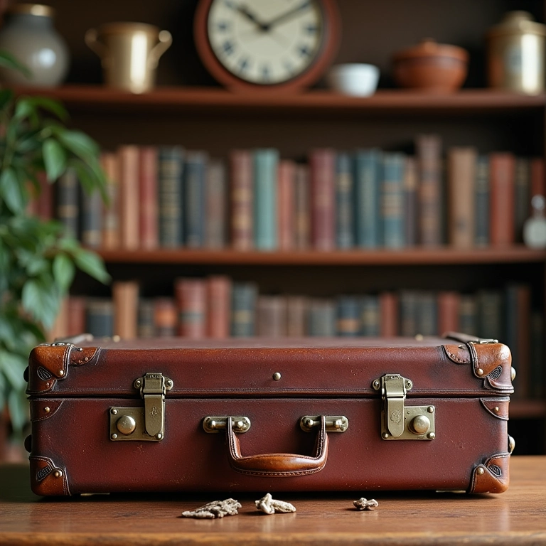 Objetos que contam histórias: mala vintage, livros antigos e lembranças de viagem.