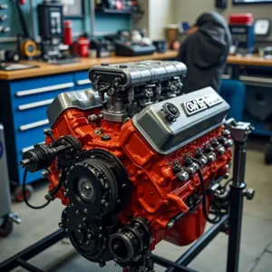 Oficina de preparação de motores com ferramentas e motor modificado em destaque.