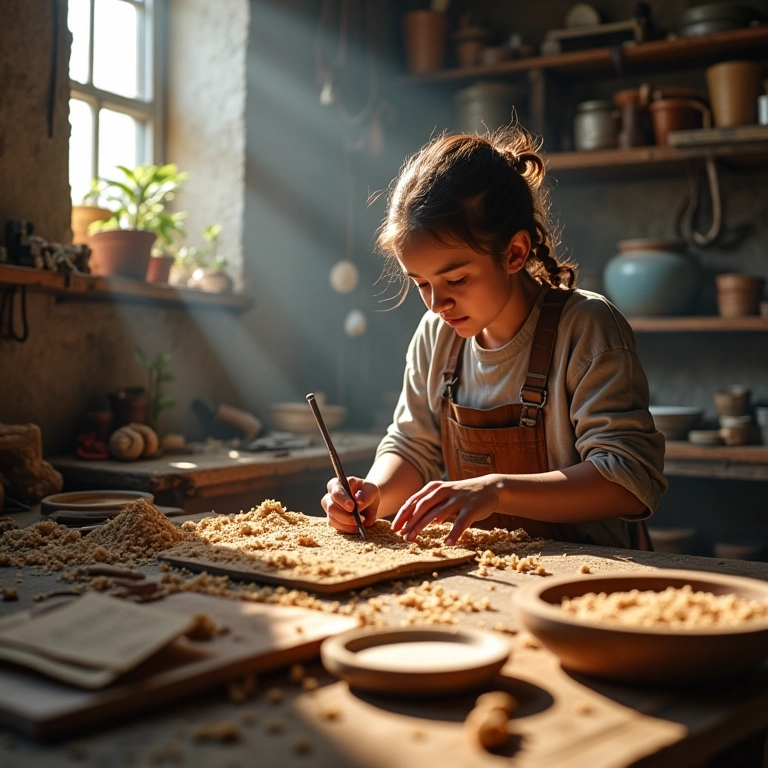 Oficina iluminada com artesão trabalhando diligentemente, CNPJ ativo.