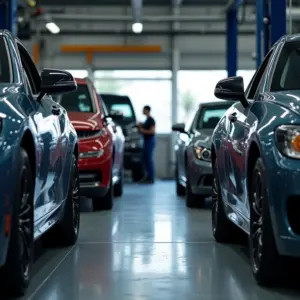 Oficina mecânica movimentada com diversos carros em reparo e equipe diversificada trabalhando.