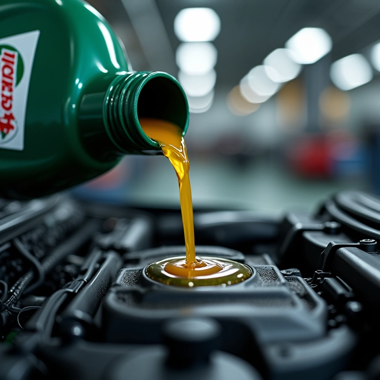 Óleo Castrol sendo derramado em motor de carro.